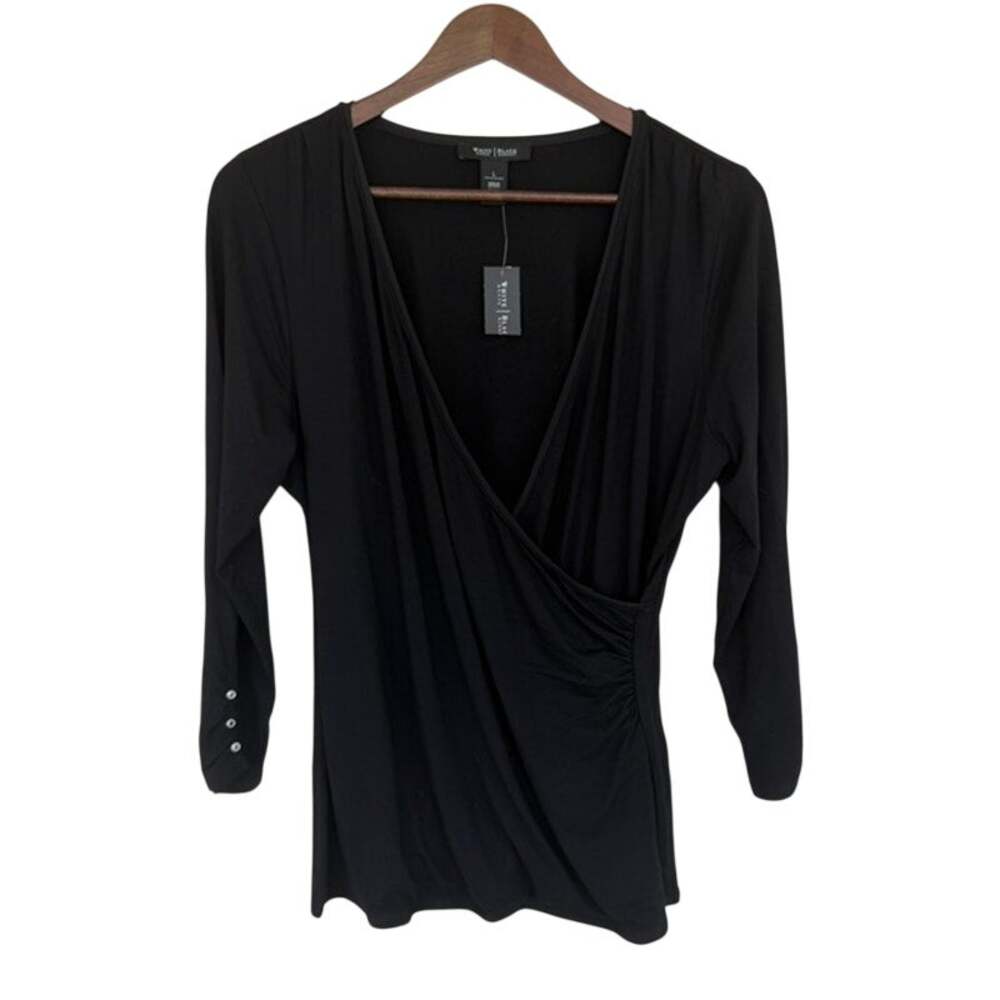 White House Black Market Solid Black Faux Wrap Blouse - Large - NWT